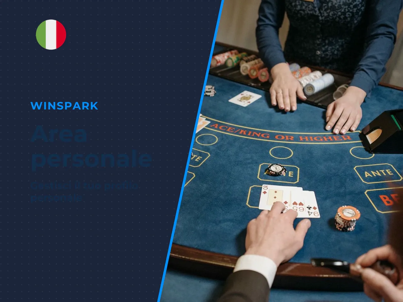 Dove trovare l'area personale dopo il login. Subito dopo aver completato il **Winspark login**, l'area personale si trova nell'angolo in alto a destra dello schermo. Al suo interno trovi: